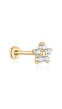 14K solid gold threaded flatback labret stud with 5 sparkling CZ stones forming a flower design.