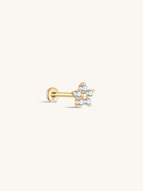 KOSINER 14K Solid Gold Five-Petal Round CZ Flower Piercing Stud, Minimal Floral Flat Back Cartilage Ear Jewelry