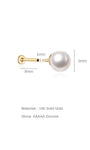 14K solid gold labret stud earring with pearl, CZ. Features 1mm gauge, 8mm post, 6mm pearl. Exploded view showing dimensions.