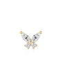 14K solid gold butterfly piercing stud with marquise and round cubic zirconia stones. Internally threaded flatback labret.