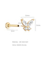14K solid gold butterfly piercing stud with AAAAA cubic zirconia, showing dimensions 6.9mm W x 5.5mm H, 1mm gauge, 8mm post.