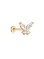 14K solid gold butterfly stud earring with marquise and round cubic zirconia stones, flatback post.