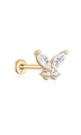 14K solid gold butterfly stud earring with marquise and round cubic zirconia stones, flatback post.