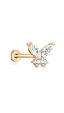 14K solid gold butterfly stud earring with marquise and round cubic zirconia stones, flatback post.