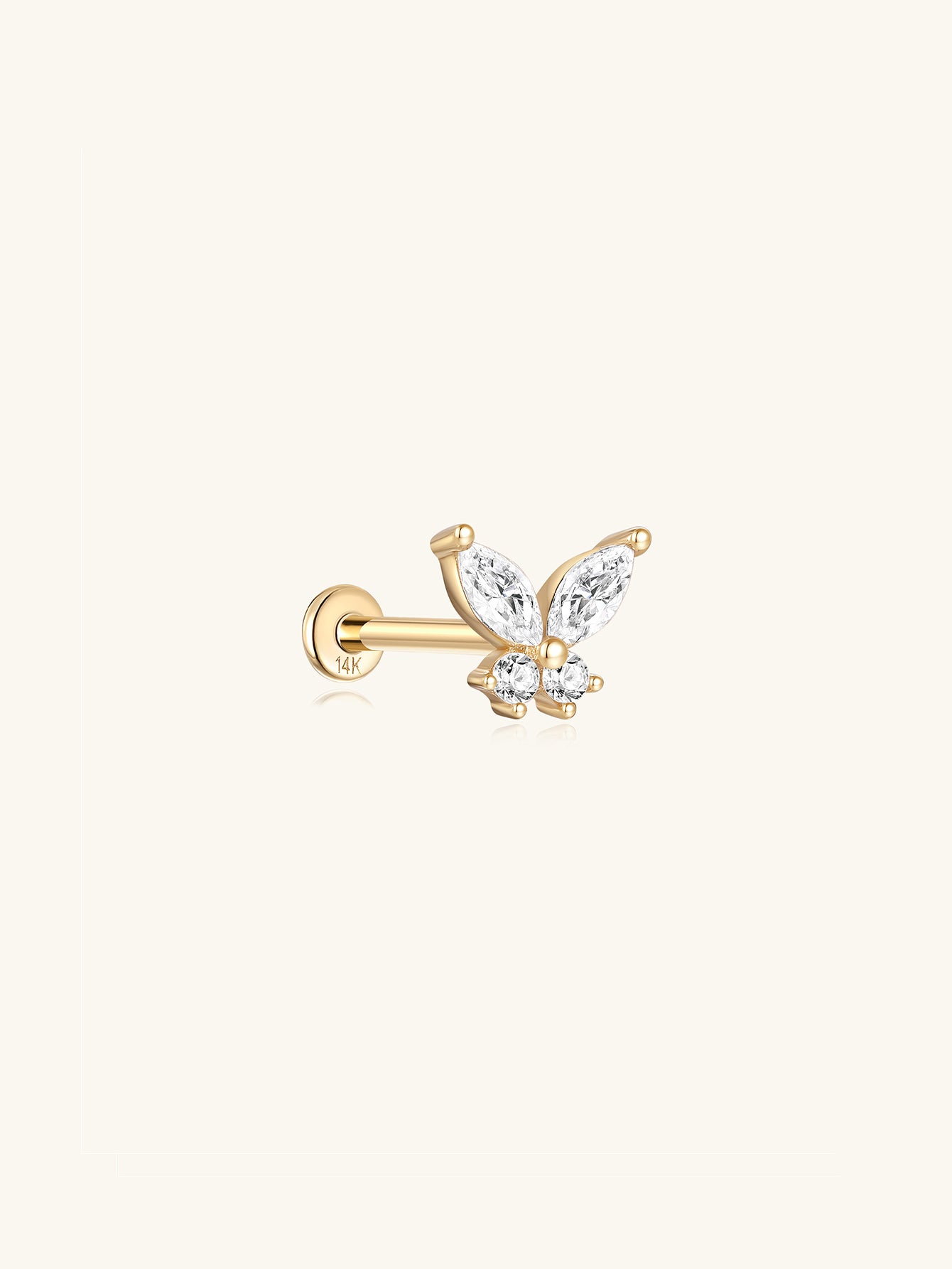 14K solid gold butterfly piercing stud with cubic zirconia and flatback post.