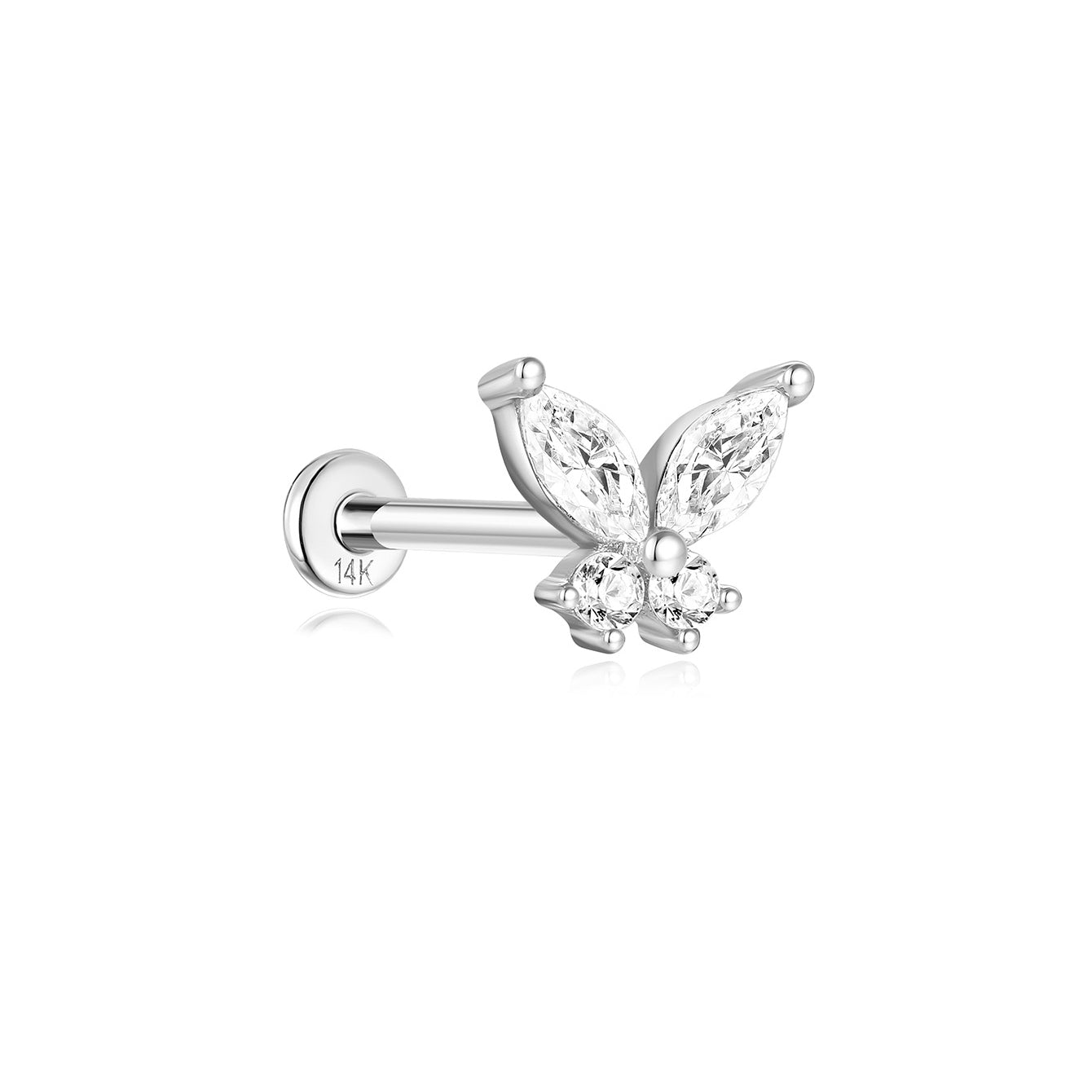 14K solid gold butterfly piercing stud with marquise and round AAAAA cubic zirconia, 18G flatback labret.
