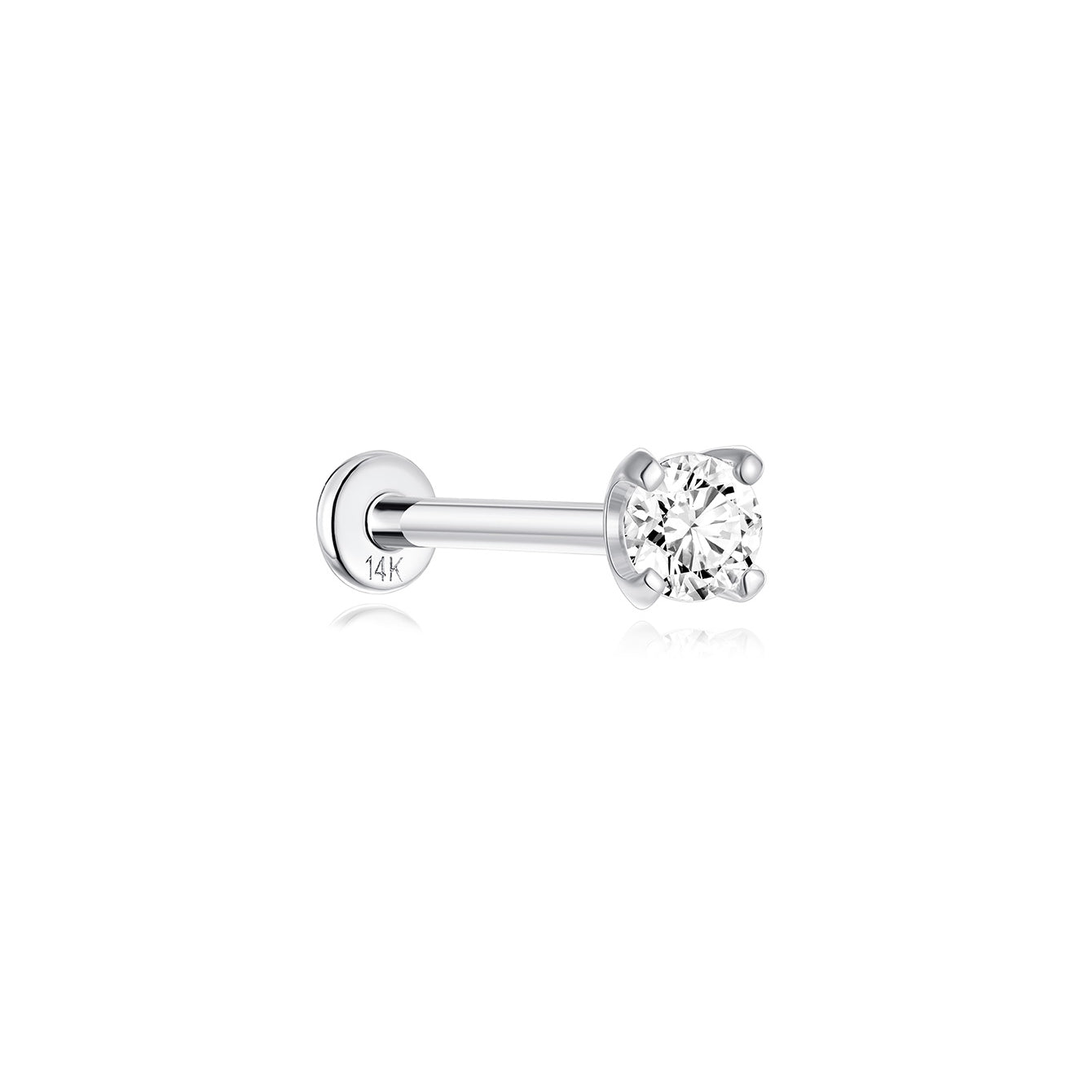 14K solid gold mini stud earring with a clear cubic zirconia and flat back post, 18G.