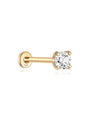 14K solid gold labret piercing stud with a 4-prong set round cubic zirconia and 14K flat back post.