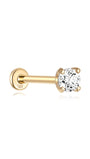 14K solid gold labret piercing stud with a 4-prong set round cubic zirconia and 14K flat back post.
