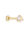 14K solid gold stud earring with prong-set white opal and flat back, product detail.