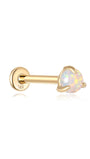 14K solid gold stud earring with prong-set white opal and flat back, product detail.