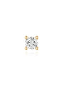 14K solid gold single stud earring with round-cut cubic zirconia, four-prong setting, product display.