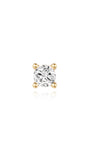 14K solid gold single stud earring with round-cut cubic zirconia, four-prong setting, product display.
