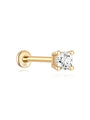 14K solid gold labret stud earring with a round-cut cubic zirconia stone and flat back post. Internally threaded.