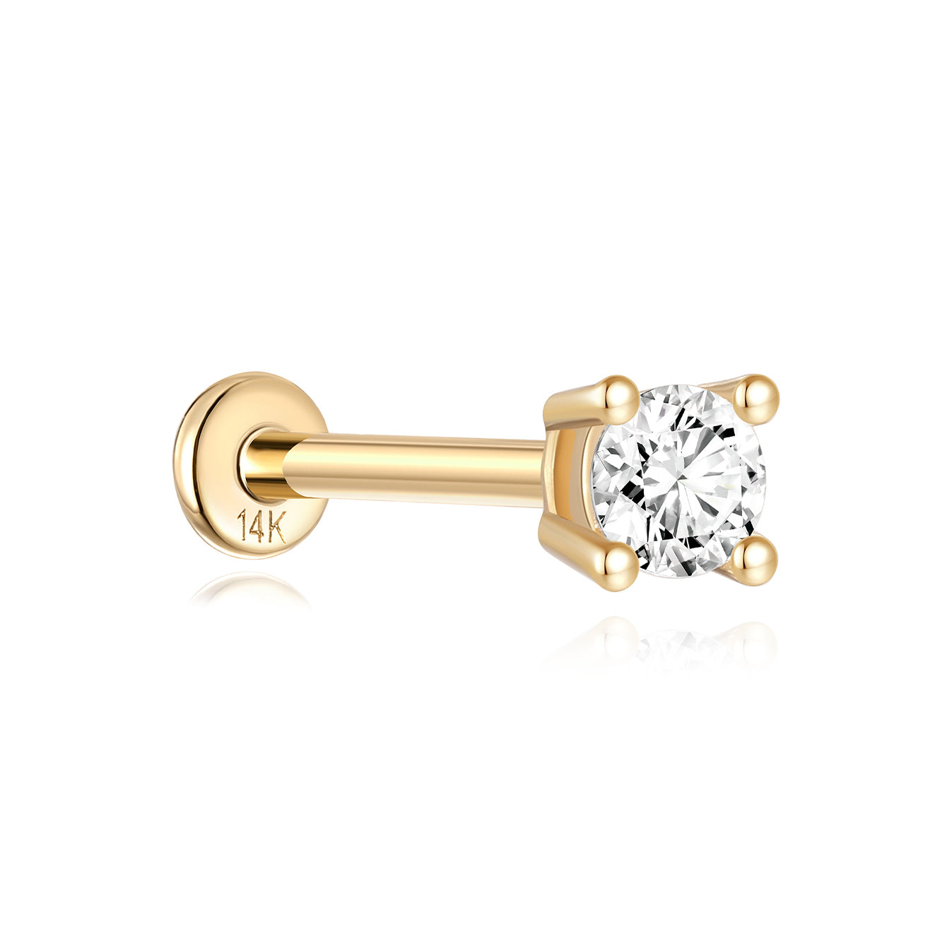 14K solid gold labret stud earring with a round-cut cubic zirconia stone and flat back post. Internally threaded.