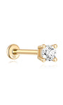 14K solid gold labret stud earring with a round-cut cubic zirconia stone and flat back post. Internally threaded.