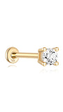 14K solid gold labret stud earring with a round-cut cubic zirconia stone and flat back post. Internally threaded.