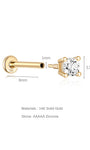 14K gold labret stud with flat back post and sparkling AAAAA cubic zirconia, showing dimensions 8mm, 1mm, and 3.3mm.