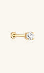 14K solid gold single stud earring with a sparkling cubic zirconia stone, featuring a flat back post stamped "14K".