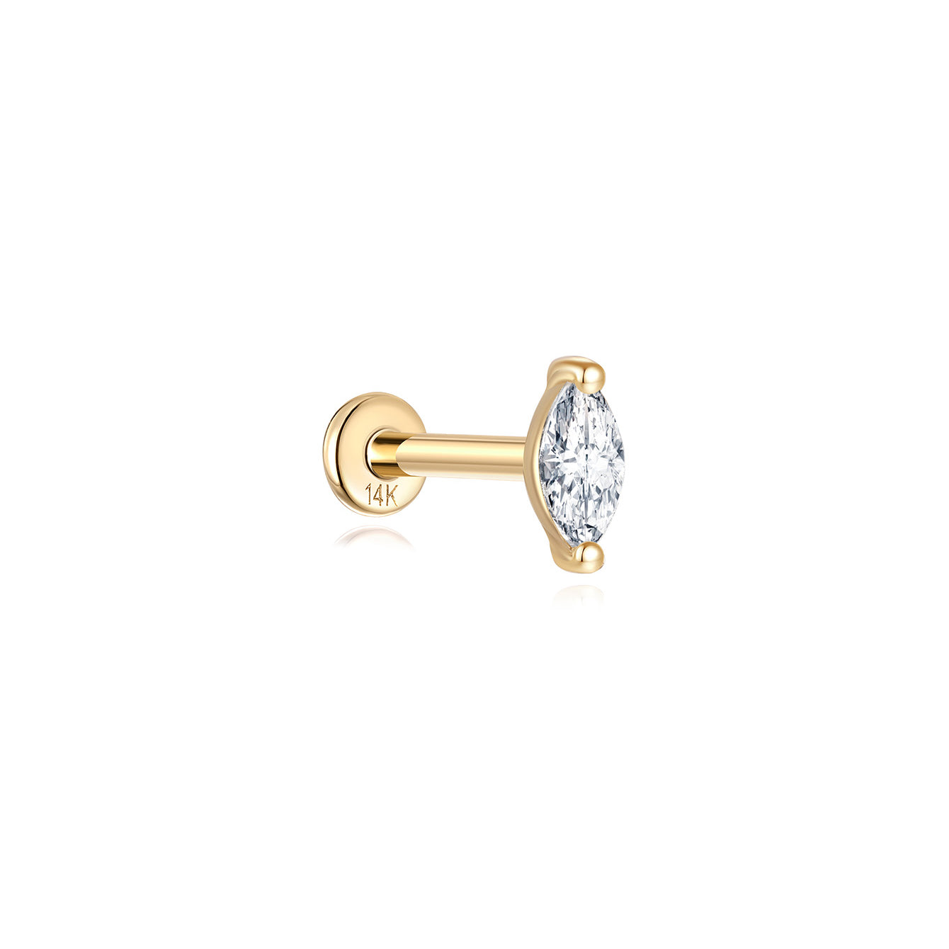 14K yellow gold labret stud with a clear marquise-cut cubic zirconia on a flat back post.