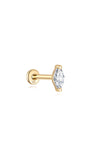 14K yellow gold labret stud with a clear marquise-cut cubic zirconia on a flat back post.