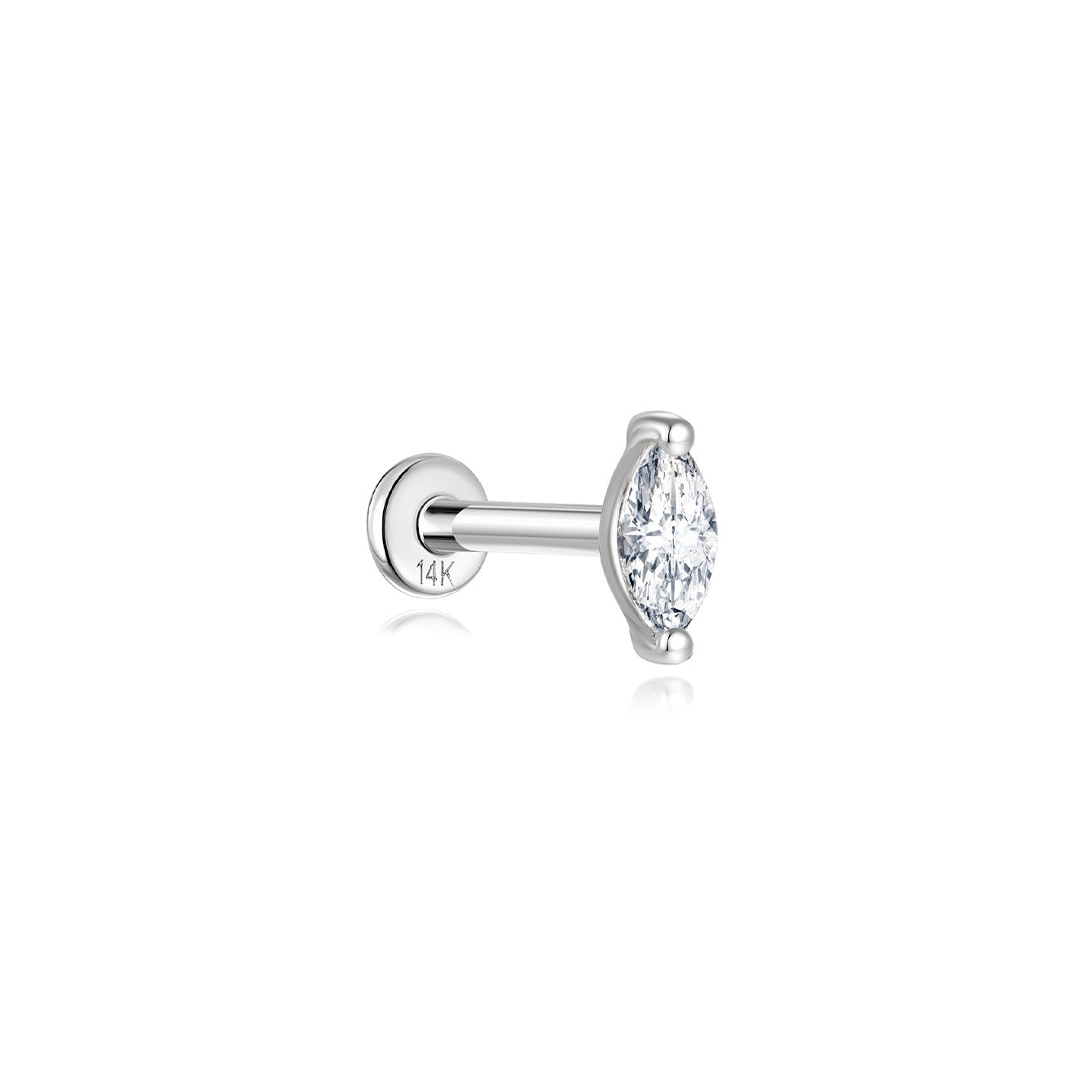 14K solid gold internally threaded labret stud with single marquise clear cubic zirconia and flat back post, product view.