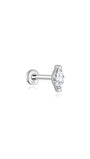 14K solid gold internally threaded labret stud with single marquise clear cubic zirconia and flat back post, product view.
