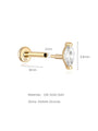 14K solid gold labret stud with 8mm post, 18G gauge, and 4.8mm marquise AAAAA Zirconia stone. Product dimensions shown.