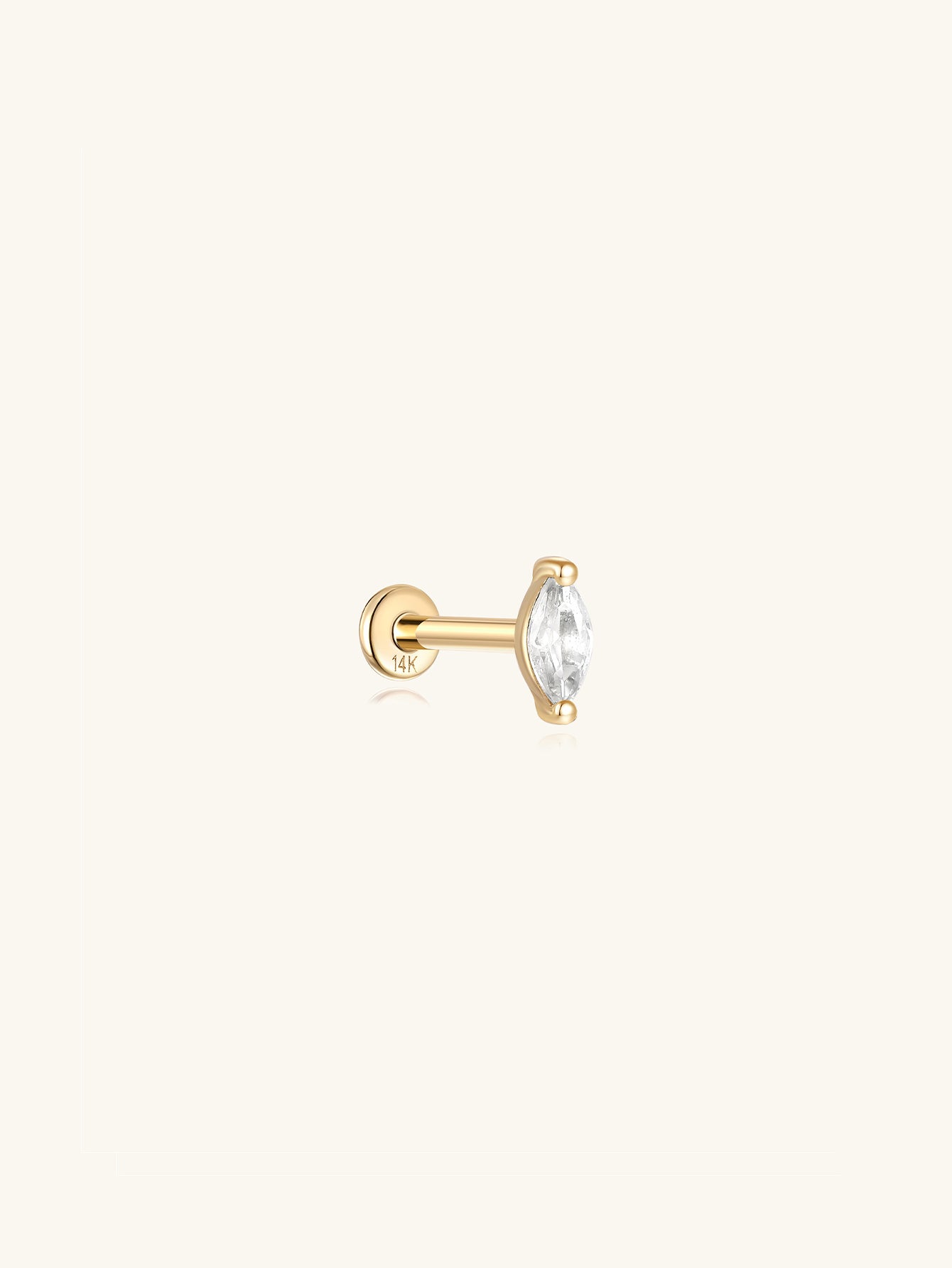14K Solid Gold Leaf Zircon Thread Ear Piercing Stud with marquise-cut clear cubic zirconia on a flat back labret post.