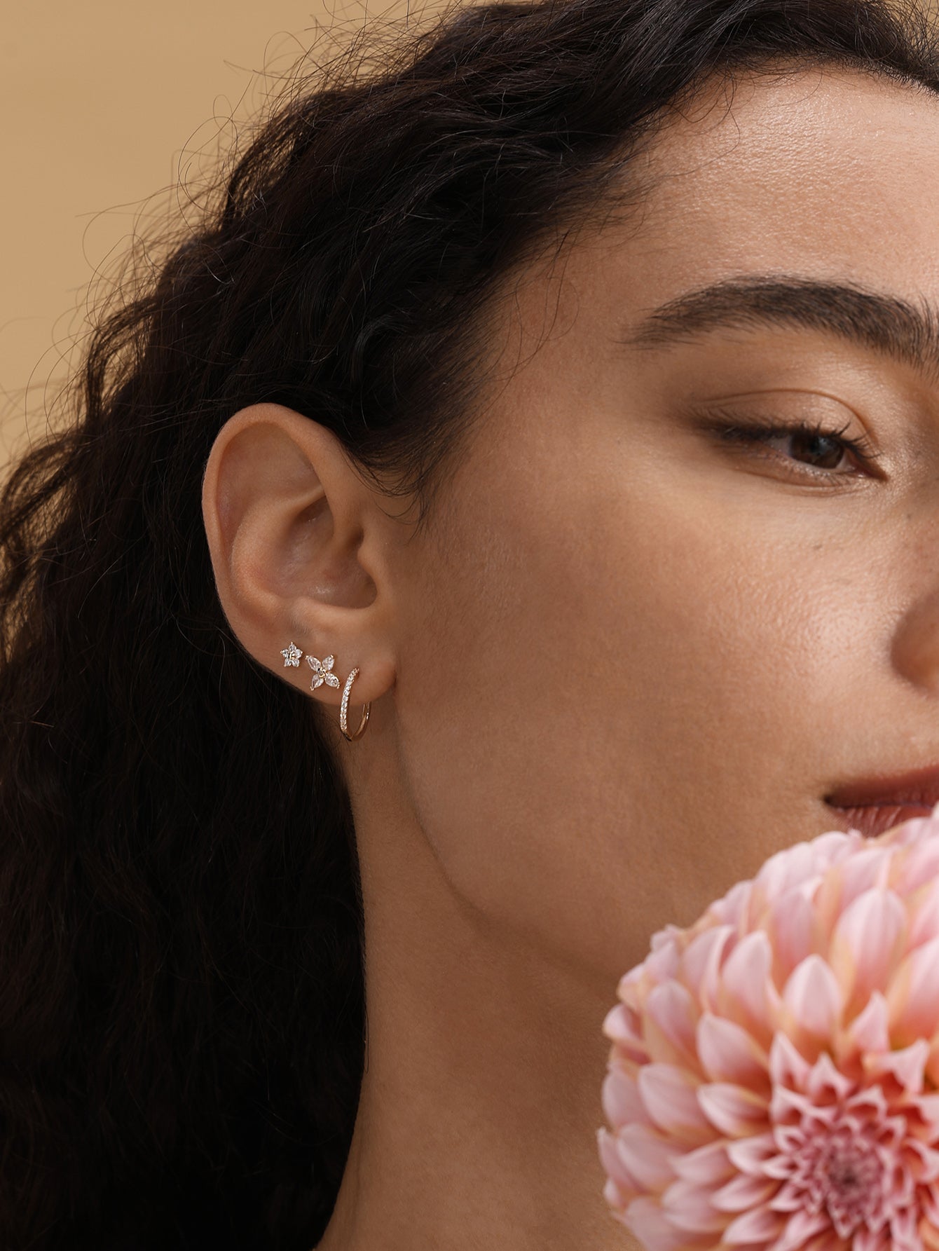 14K Solid Gold Four-Petal Flower Ear Piercing Stud