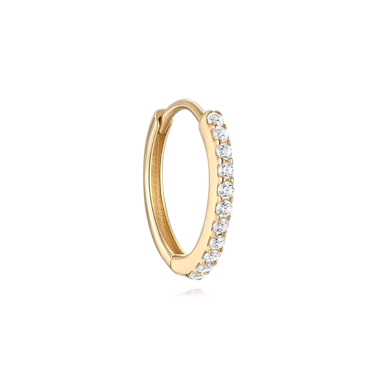 14K solid gold huggie hoop earring with pave cubic zirconia crystals.
