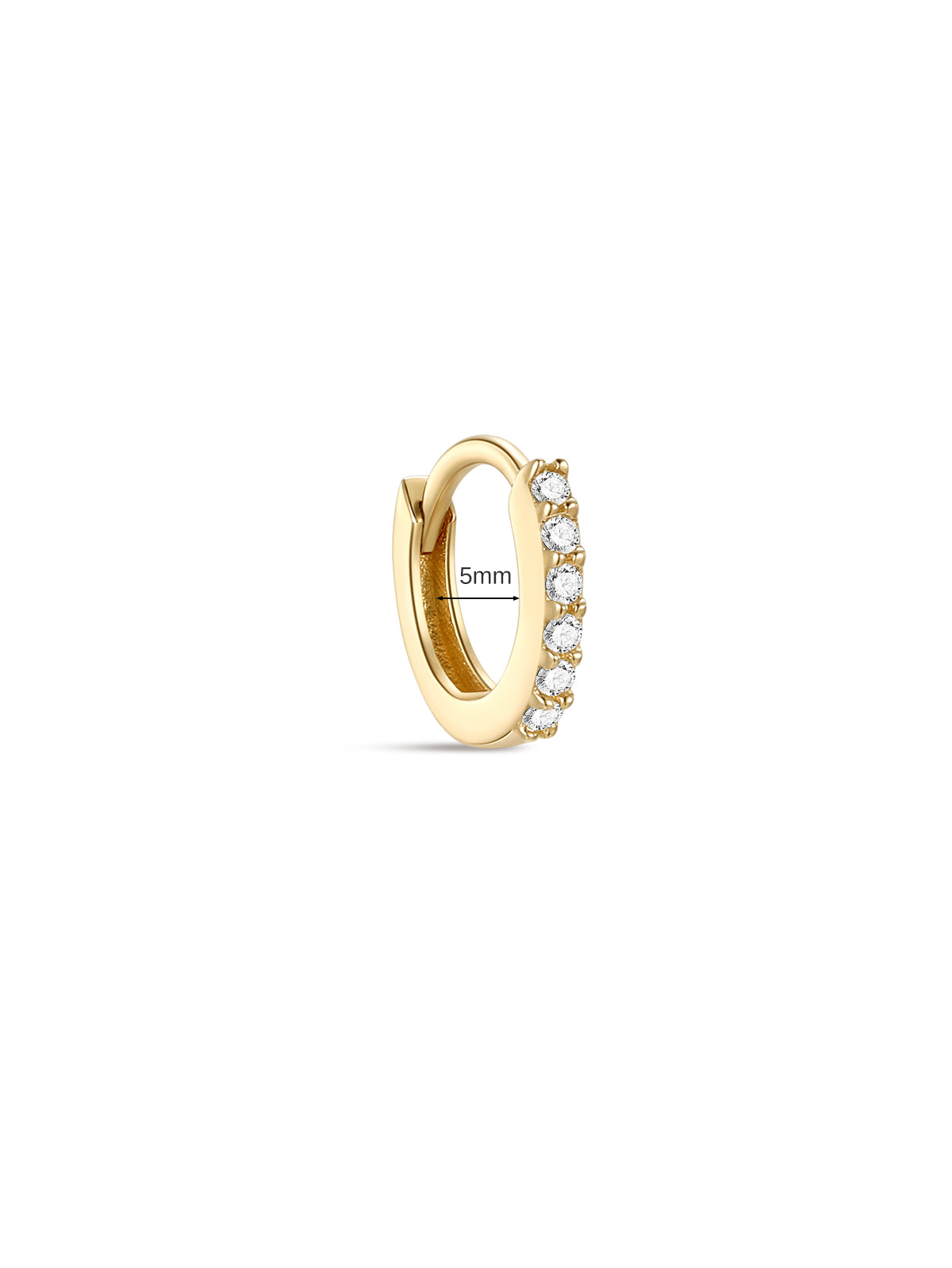 5mm KOSINER 14K yellow gold pavé diamond hinged hoop earring, size measurement diagram showing inner 5mm diameter for helix & tragus piercing sizing reference