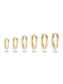 14K solid gold simple hoop earrings shown in 6 sizes, 5mm to 10mm inner diameter, for size comparison.