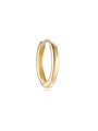 Single 14K solid gold glossy hoop earring on white background, 8mm inner diameter, hypoallergenic.