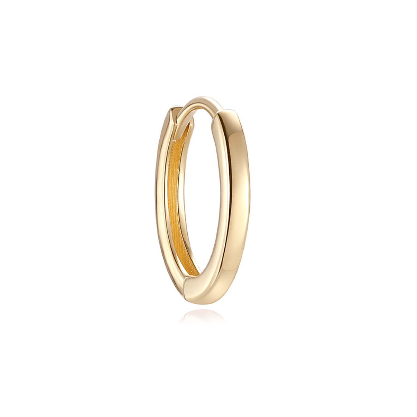 Single 14K solid gold glossy hoop earring on white background, 8mm inner diameter, hypoallergenic.
