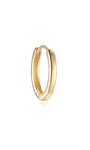 Single 14K solid gold glossy hoop earring on white background, 8mm inner diameter, hypoallergenic.