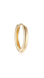 Single 14K solid gold glossy hoop earring on white background, 8mm inner diameter, hypoallergenic.