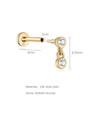 14K solid gold flat back labret stud, 18G gauge, 8mm post, 6.25mm dangle with two bezel-set AAAAA cubic zirconia stones.