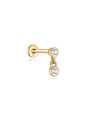 14K solid gold flat back labret stud with two bezel-set cubic zirconia stones, one fixed and one dangling.