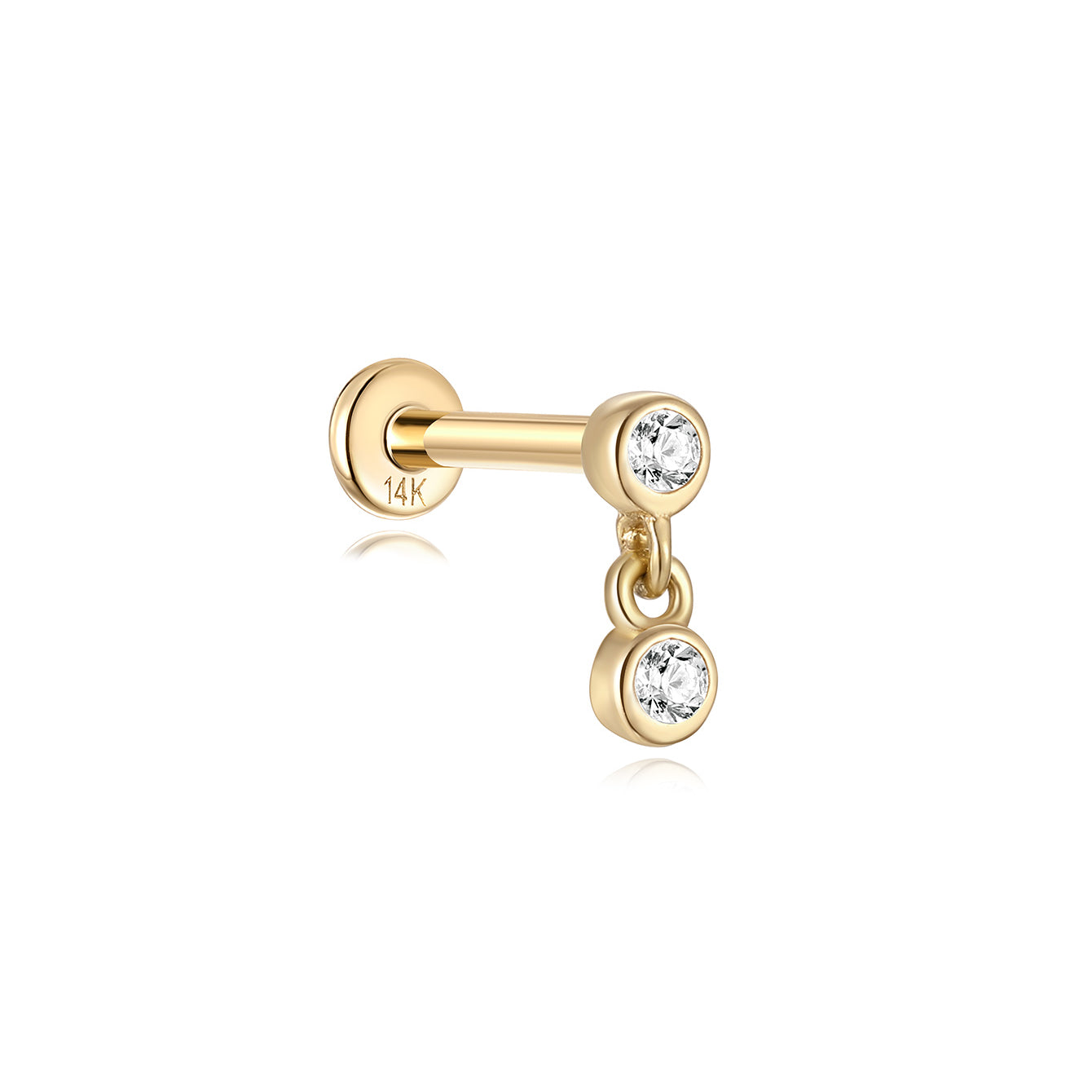 14K solid gold flat back labret stud with two bezel-set cubic zirconia stones, one fixed and one dangling.