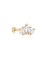 14K solid gold flat back labret stud, crown design with five marquise cubic zirconia stones, for ear piercings.