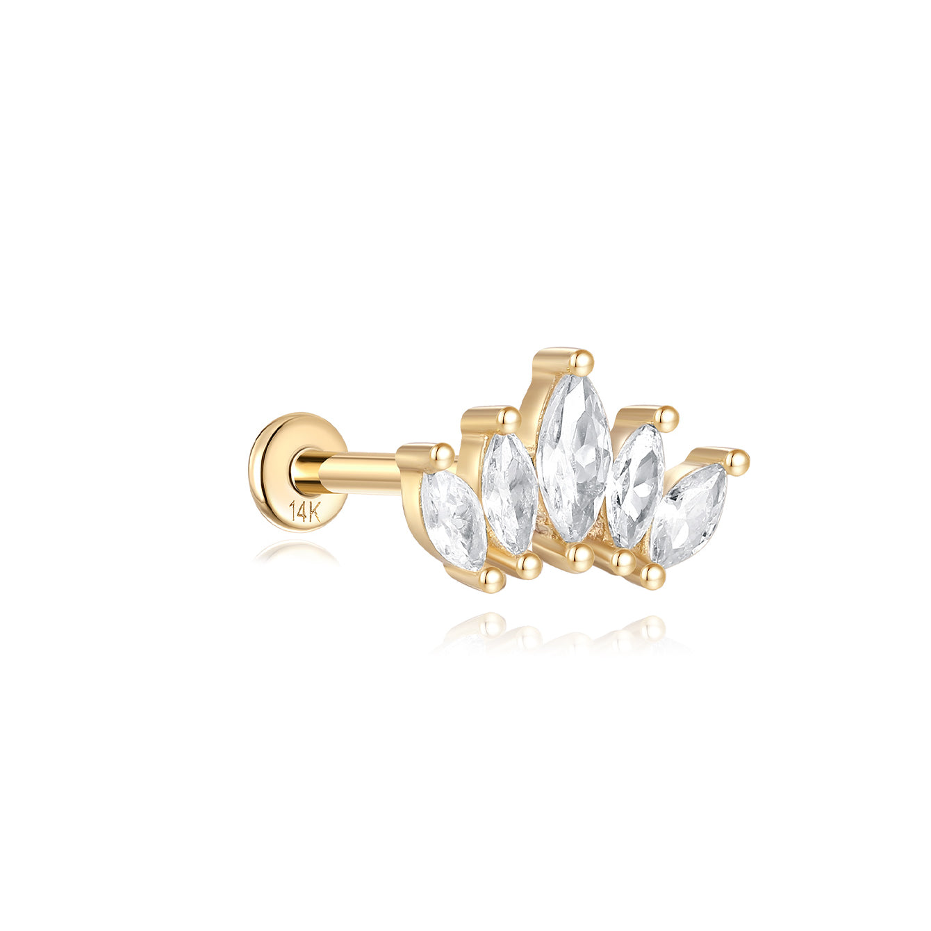 14K solid gold flat back labret stud, crown design with five marquise cubic zirconia stones, for ear piercings.