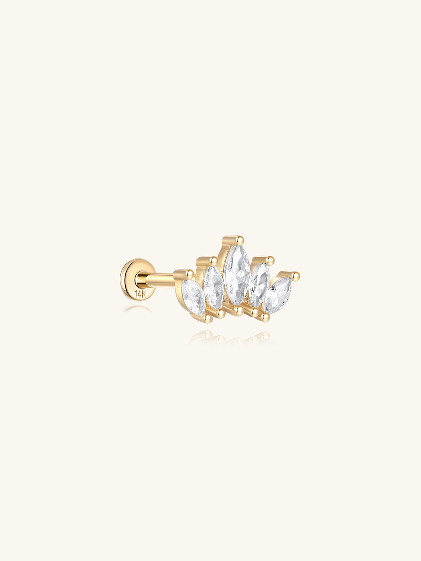 14K Solid Gold Crown Marquise Zircon Ear Piercing Stud with flat back post.
