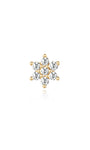 14K solid gold flower stud earring with sparkling cubic zirconia stones, 18G internally threaded labret.
