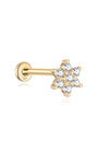 14K solid gold bloom floral labret stud with sparkling cubic zirconia, internally threaded, flat back.