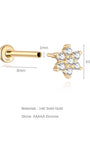 14K solid gold floral stud with cubic zirconia, 18G, 8mm post, 4.6mm top.