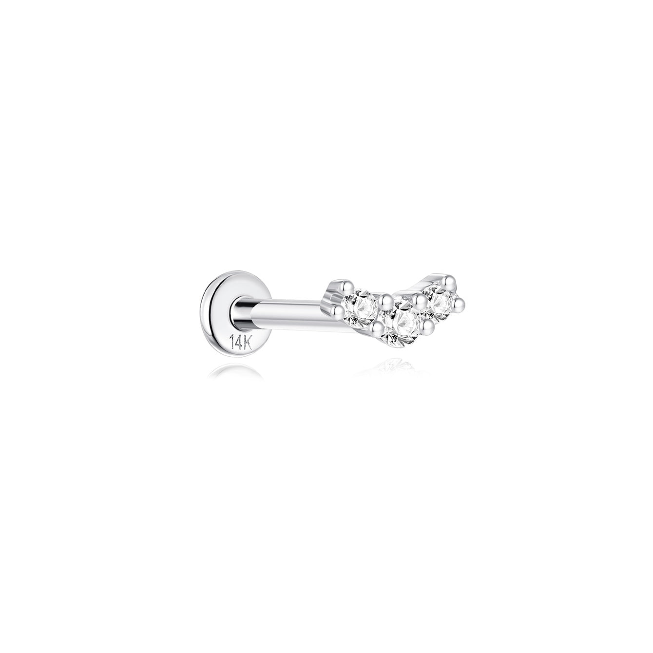 Geschwungener Ohrstecker aus 14-karätigem Gold mit 3 Pavé-Zirkonia-Steinen und flacher Rückseite, 18-G-Labret mit Innengewinde.