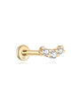 14K solid gold curved ear stud with three cubic zirconia stones and flat back post. Showcasing product appearance.