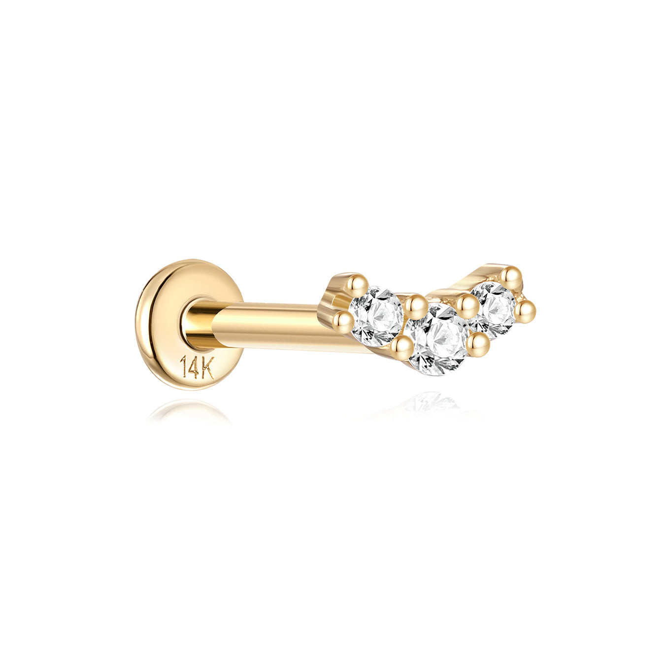 14K solid gold curved ear stud with three cubic zirconia stones and flat back post. Showcasing product appearance.