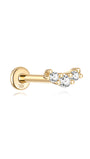 14K solid gold curved ear stud with three cubic zirconia stones and flat back post. Showcasing product appearance.
